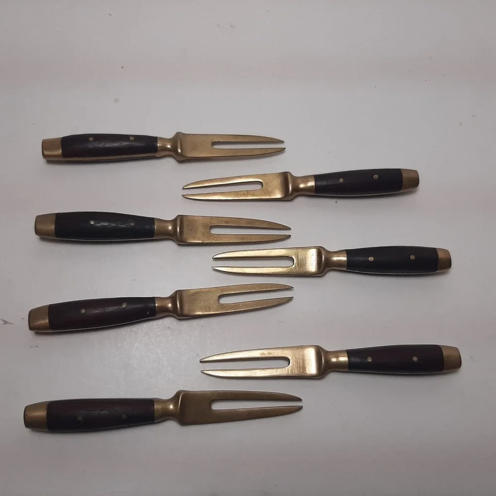 7 Vintage Brass Appetizer Cocktail Seafood Forks Skewers Wood Handles 3.5